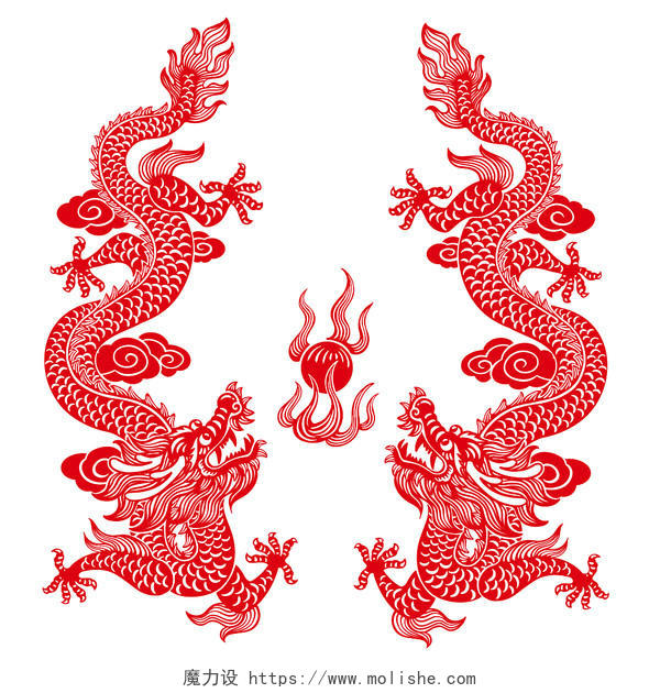 中国传统剪纸风2024龙年新年双龙戏珠龙纹素材元素剪纸春节新年